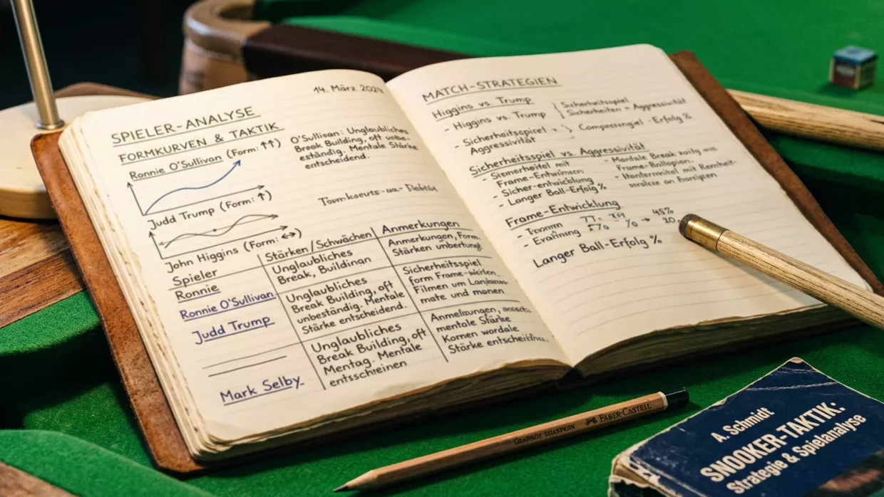 Notizbuch mit handschriftlichen Snooker-Form-Notizen auf einem Tisch neben einem Queue